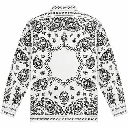 Skull Paisley Cashew Print Long Sleeve Camp Collar Shirt