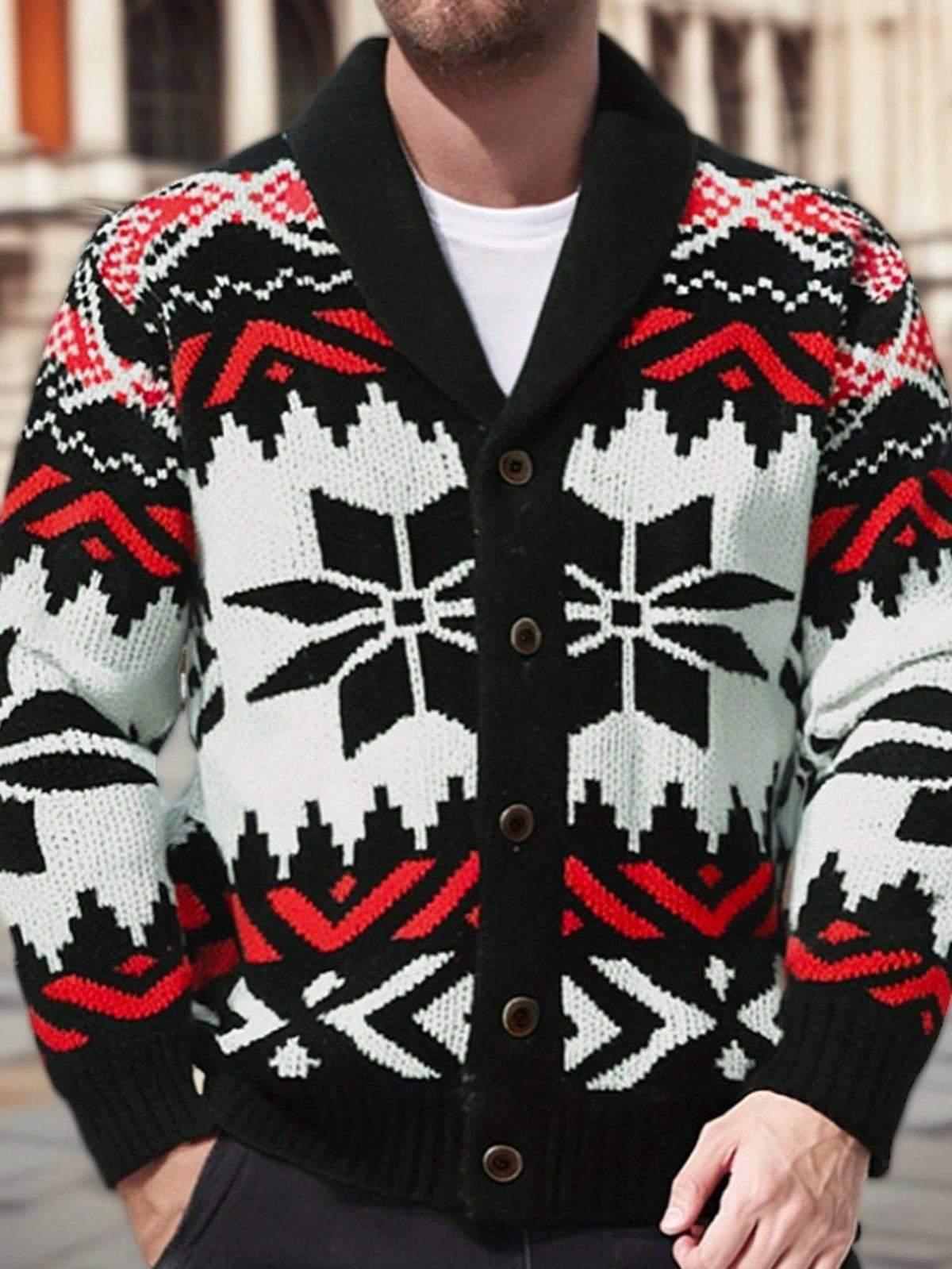 Men'S Fair Isle Snowflake Shawl Collar Button Cardigan Sweater