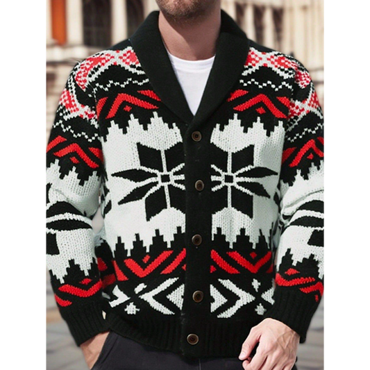 Men'S Fair Isle Snowflake Shawl Collar Button Cardigan Sweater