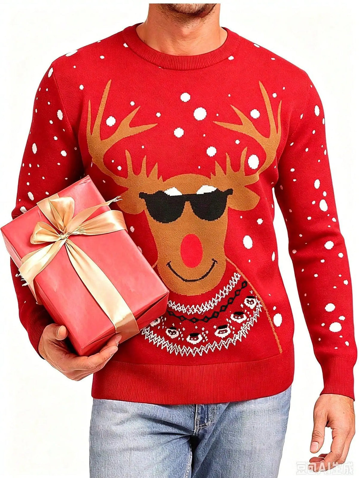 Vibrant Red X‑mas Reindeer Knit Sweater
