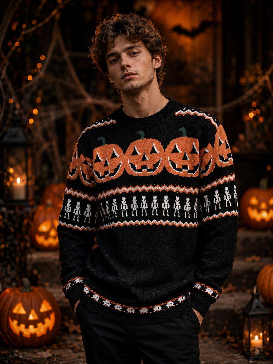 Men's Halloween Pumpkin Skeleton Knit Sweater