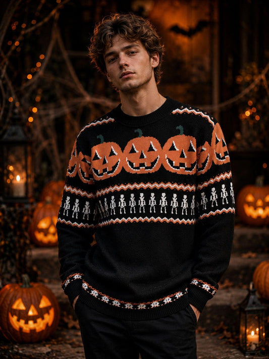 Men's Halloween Pumpkin Skeleton Knit Sweater