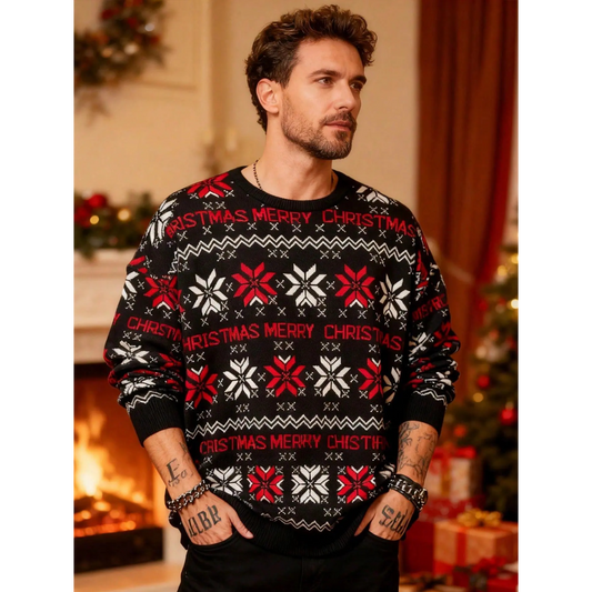 Men'S Merry Christmas Snowflake Jacquard Crew Neck Sweater