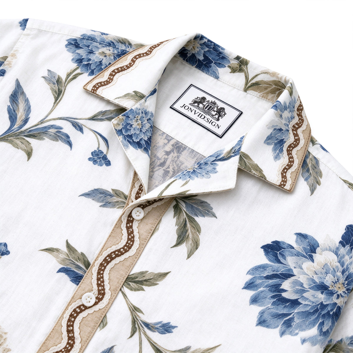 Olive leaf wavy trim Print Long Sleeve Camp Collar Shirt
