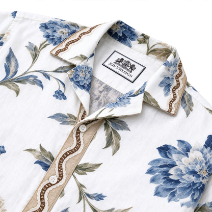 Olive leaf wavy trim Print Long Sleeve Camp Collar Shirt