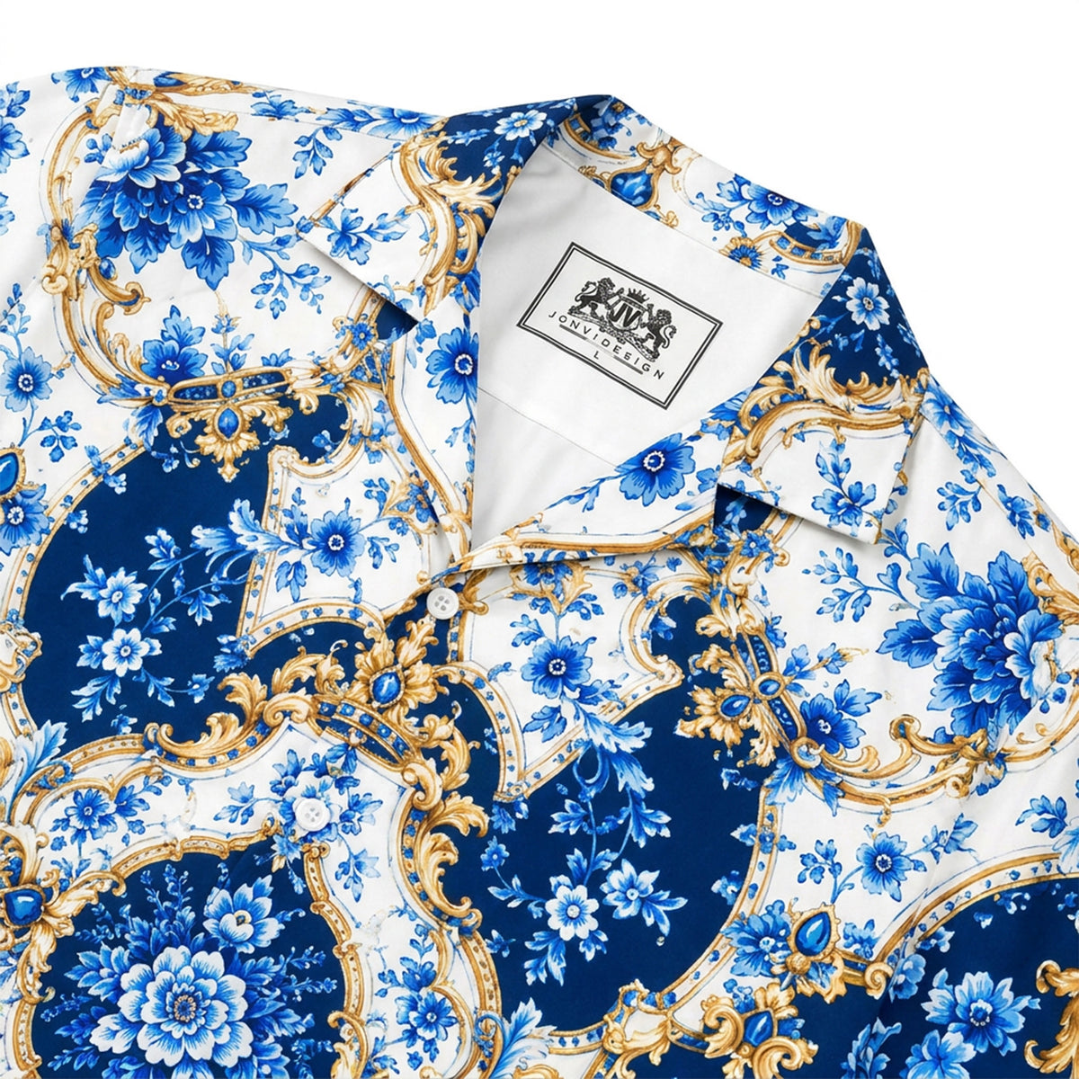 Royal Luxury Porcelain Scroll Print Camp Collar Button Up Shirt
