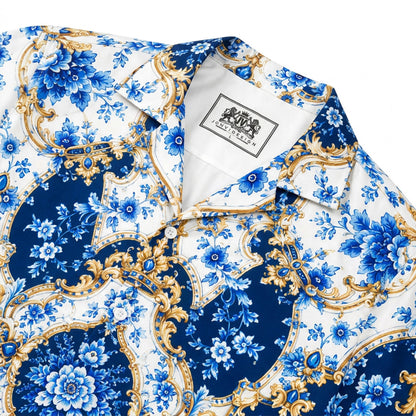 Royal Luxury Porcelain Scroll Print Camp Collar Button Up Shirt