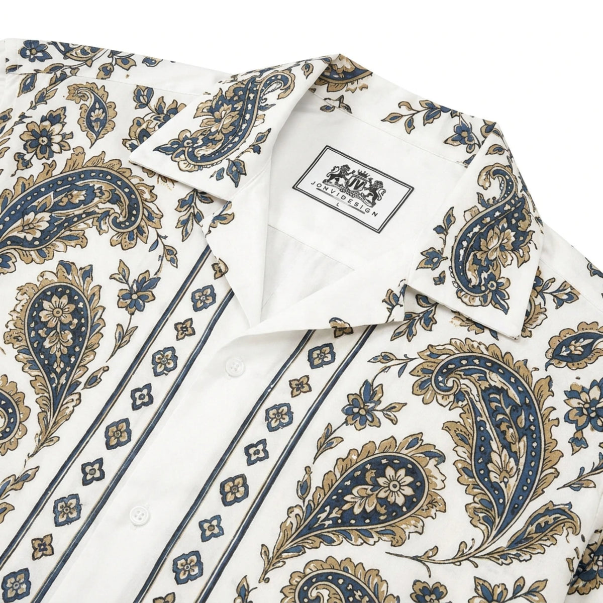 Khaki paisley cashew flower Print Long Sleeve Camp Collar Shirt