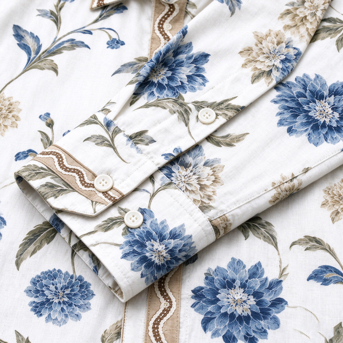 Olive leaf wavy trim Print Long Sleeve Camp Collar Shirt