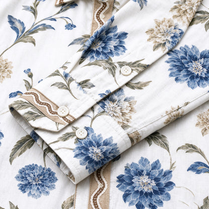 Olive leaf wavy trim Print Long Sleeve Camp Collar Shirt