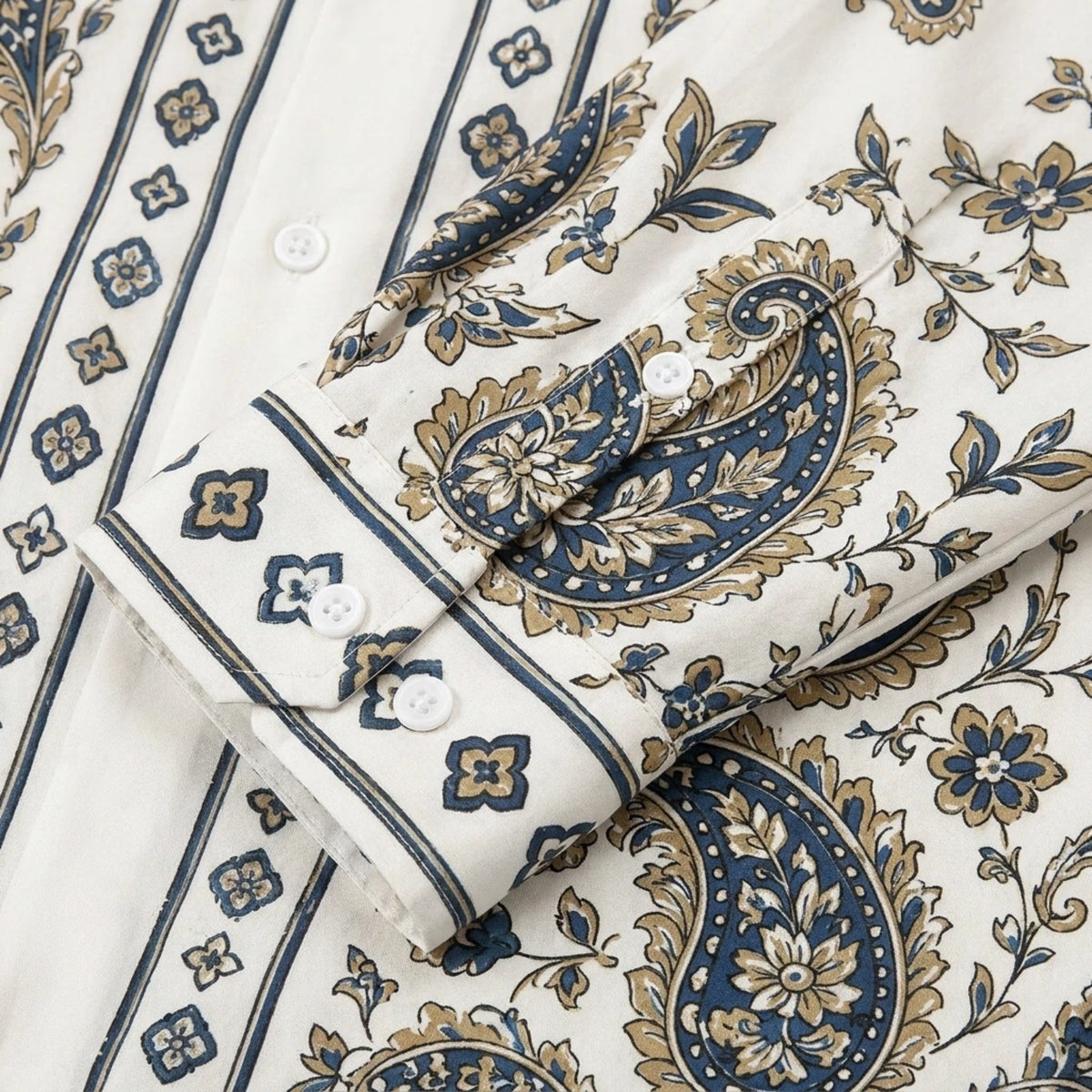 Khaki paisley cashew flower Print Long Sleeve Camp Collar Shirt