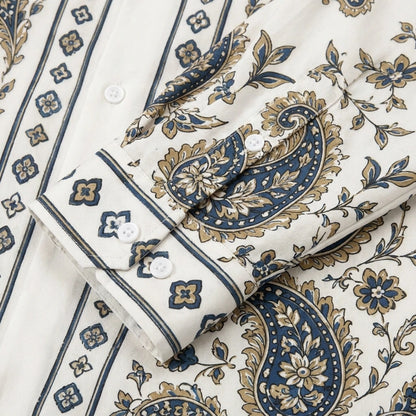 Khaki paisley cashew flower Print Long Sleeve Camp Collar Shirt