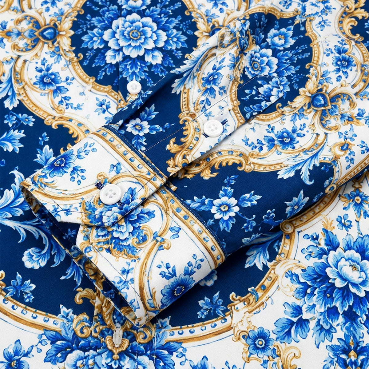 Royal Luxury Porcelain Scroll Print Camp Collar Button Up Shirt