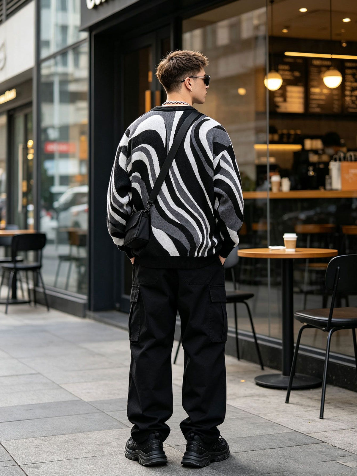 Black-Grey Swirl Abstract Stripe Men’s Knit Sweater