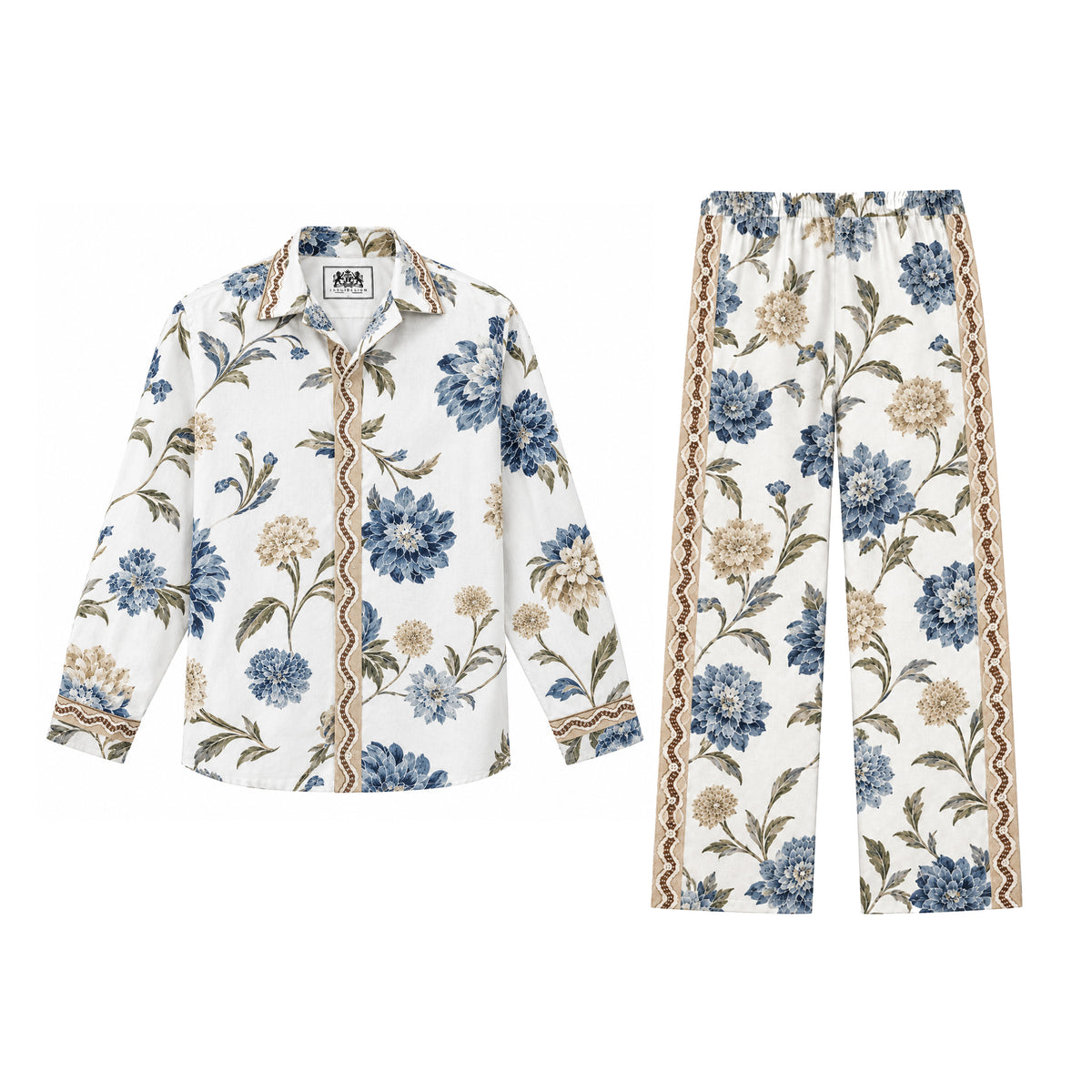 Olive leaf wavy trim Print Casual Trousers With Elastic Waistband