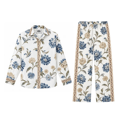 Olive leaf wavy trim Print Casual Trousers With Elastic Waistband