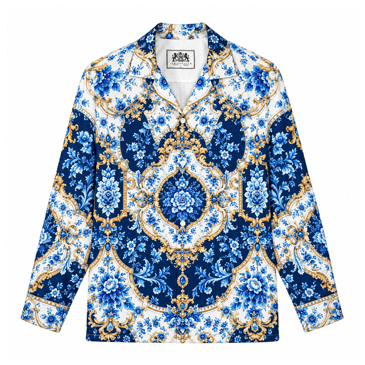 Royal Luxury Porcelain Scroll Print Camp Collar Button Up Shirt