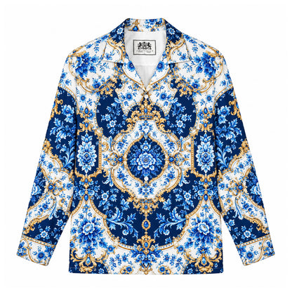 Royal Luxury Porcelain Scroll Print Camp Collar Button Up Shirt