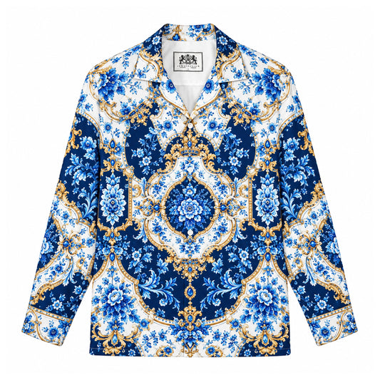 Royal Luxury Porcelain Scroll Print Camp Collar Button Up Shirt