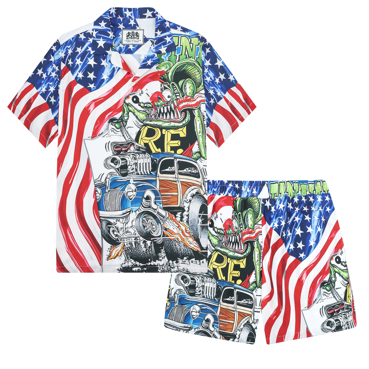 American Flag Mouse Modified Car Print Camp Collar Short Sleeve Shirt