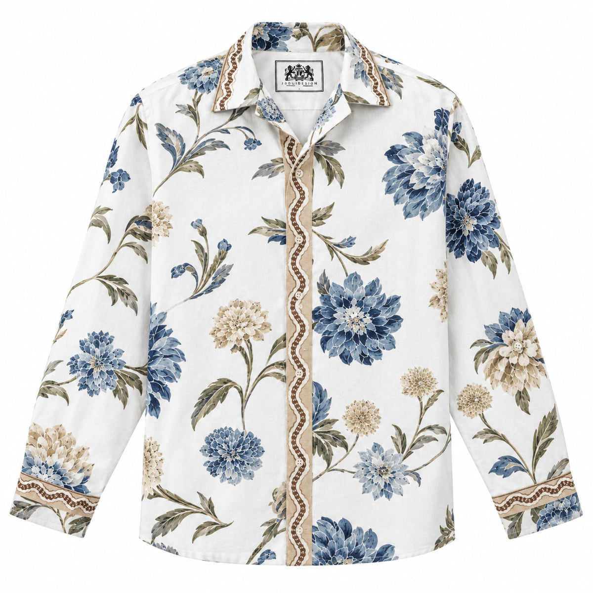 Olive leaf wavy trim Print Long Sleeve Camp Collar Shirt