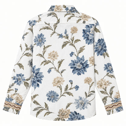 Olive leaf wavy trim Print Long Sleeve Camp Collar Shirt