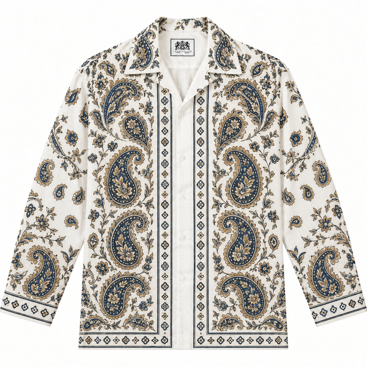 Khaki paisley cashew flower Print Long Sleeve Camp Collar Shirt