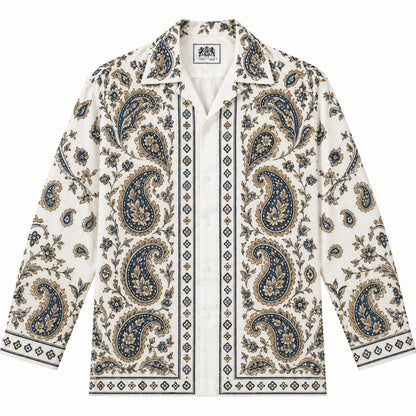 Khaki paisley cashew flower Print Long Sleeve Camp Collar Shirt