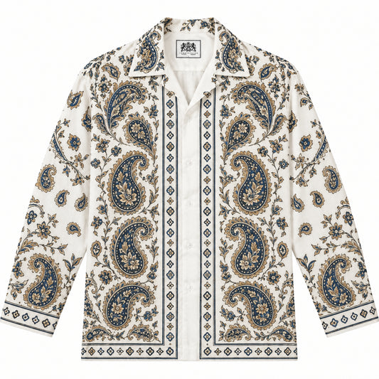 Khaki paisley cashew flower Print Long Sleeve Camp Collar Shirt