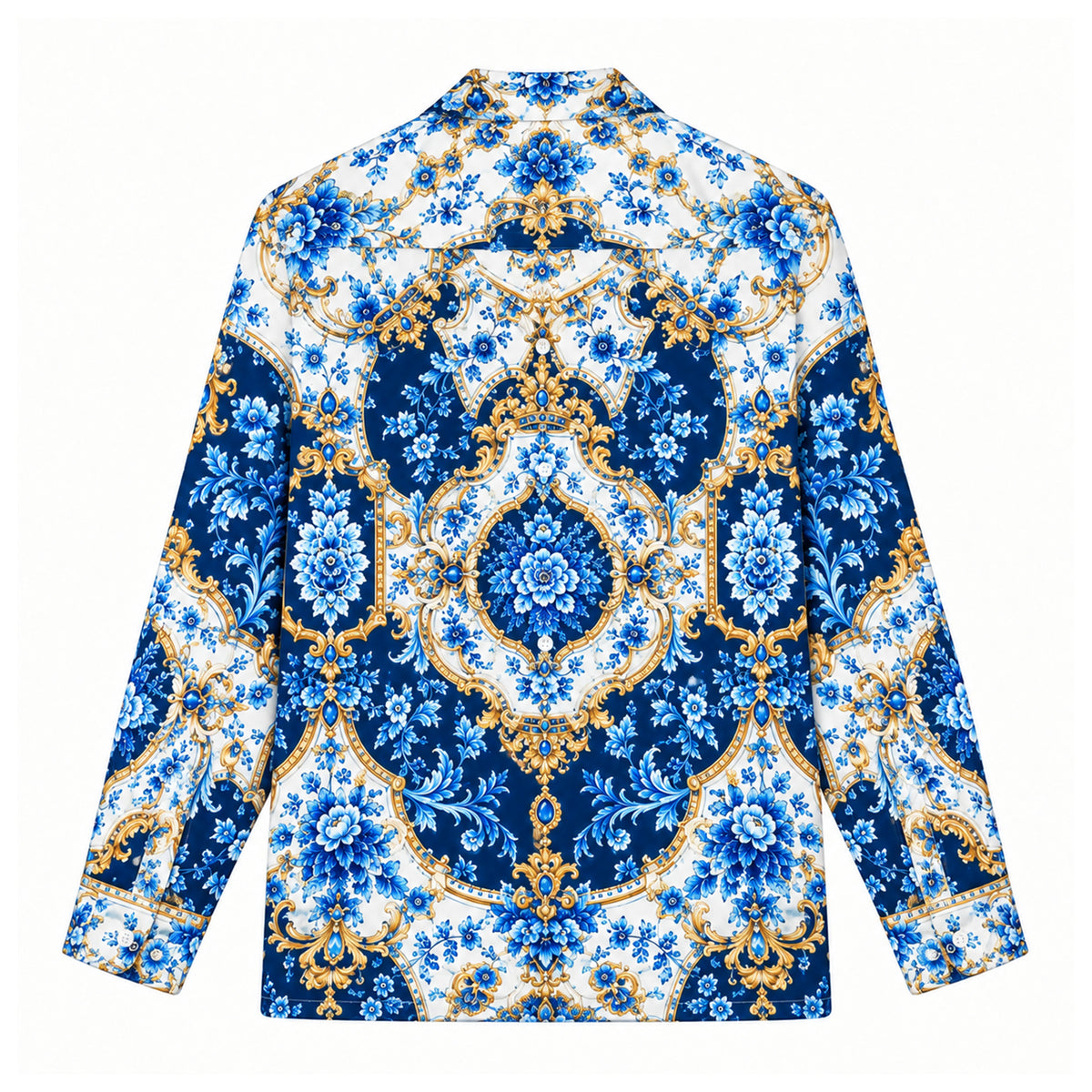 Royal Luxury Porcelain Scroll Print Camp Collar Button Up Shirt