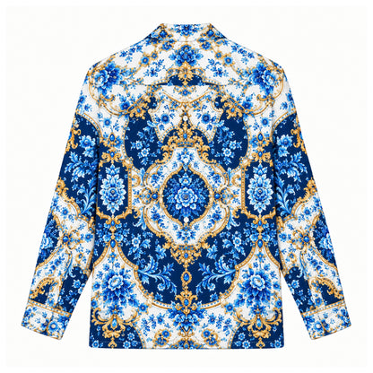 Royal Luxury Porcelain Scroll Print Camp Collar Button Up Shirt