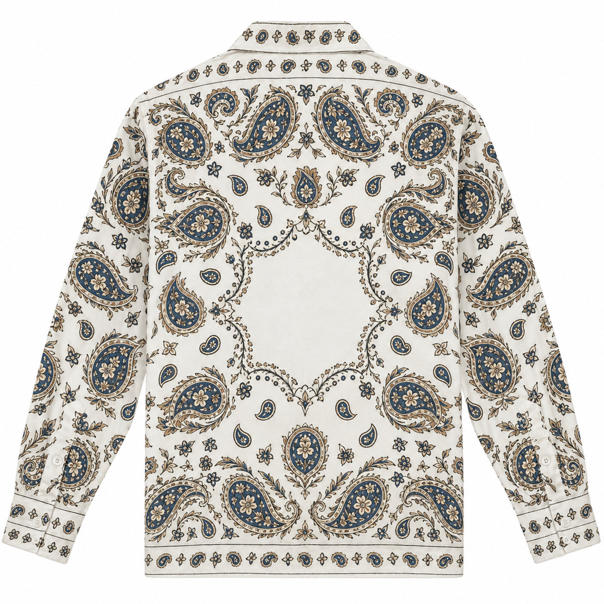 Khaki paisley cashew flower Print Long Sleeve Camp Collar Shirt