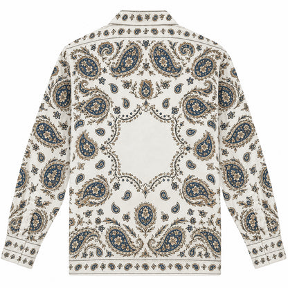 Khaki paisley cashew flower Print Long Sleeve Camp Collar Shirt
