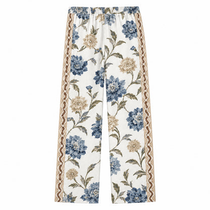 Olive leaf wavy trim Print Casual Trousers With Elastic Waistband