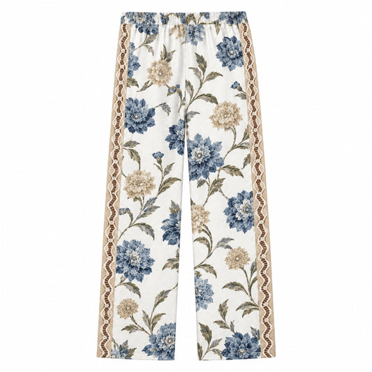 Olive leaf wavy trim Print Casual Trousers With Elastic Waistband