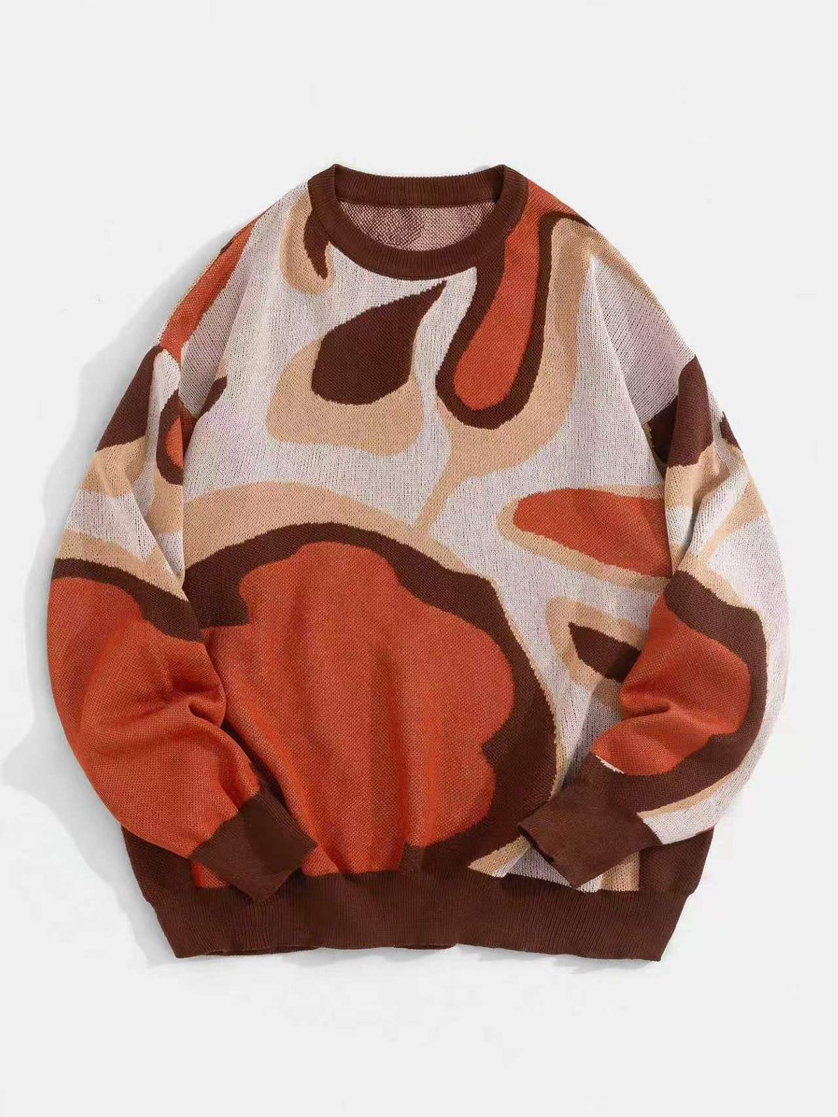 Retro Abstract Curved Print Men’s Crew Neck Sweater