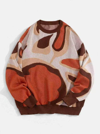 Retro Abstract Curved Print Men’s Crew Neck Sweater