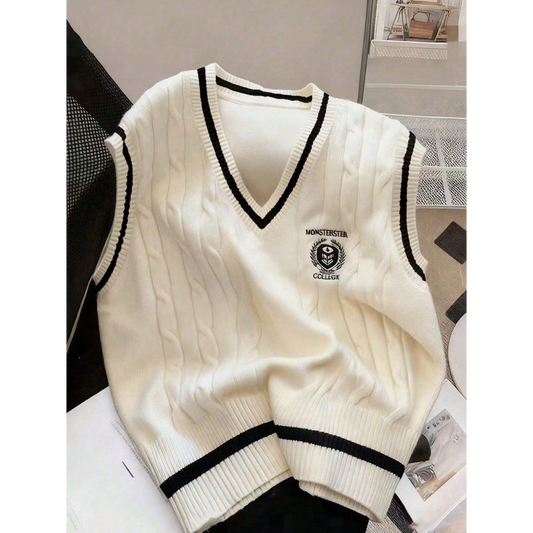 Men'S Embroidered Cable Knit V‑Neck Sweater Vest