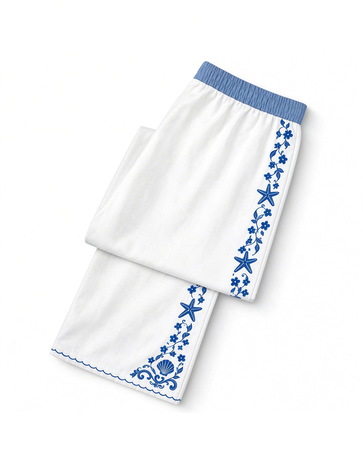 Blue White Coastal Starfish Shell Wide Leg Linen Pants