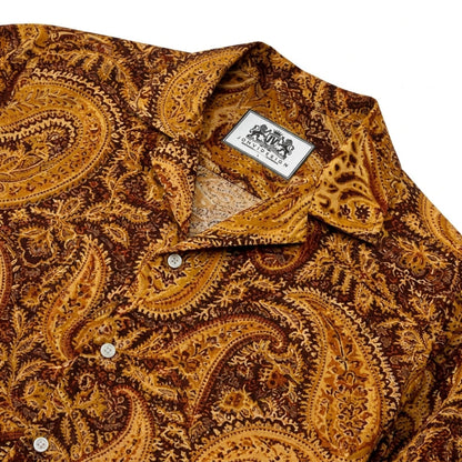 Brown  with Cashew Flower  Print Long Sleeve Camp Collar Shirt