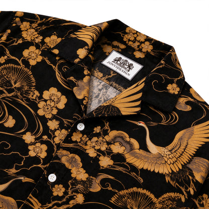 Flying cranes with gold patterns on a black background Print Long Sleeve Camp Collar Shirt