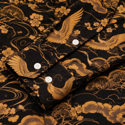Flying cranes with gold patterns on a black background Print Long Sleeve Camp Collar Shirt