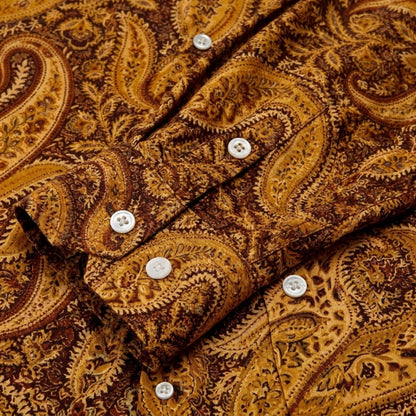 Brown  with Cashew Flower  Print Long Sleeve Camp Collar Shirt