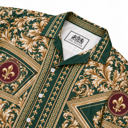 Royal Luxury Greek Key Scroll Print Vintage Camp Collar Shirt