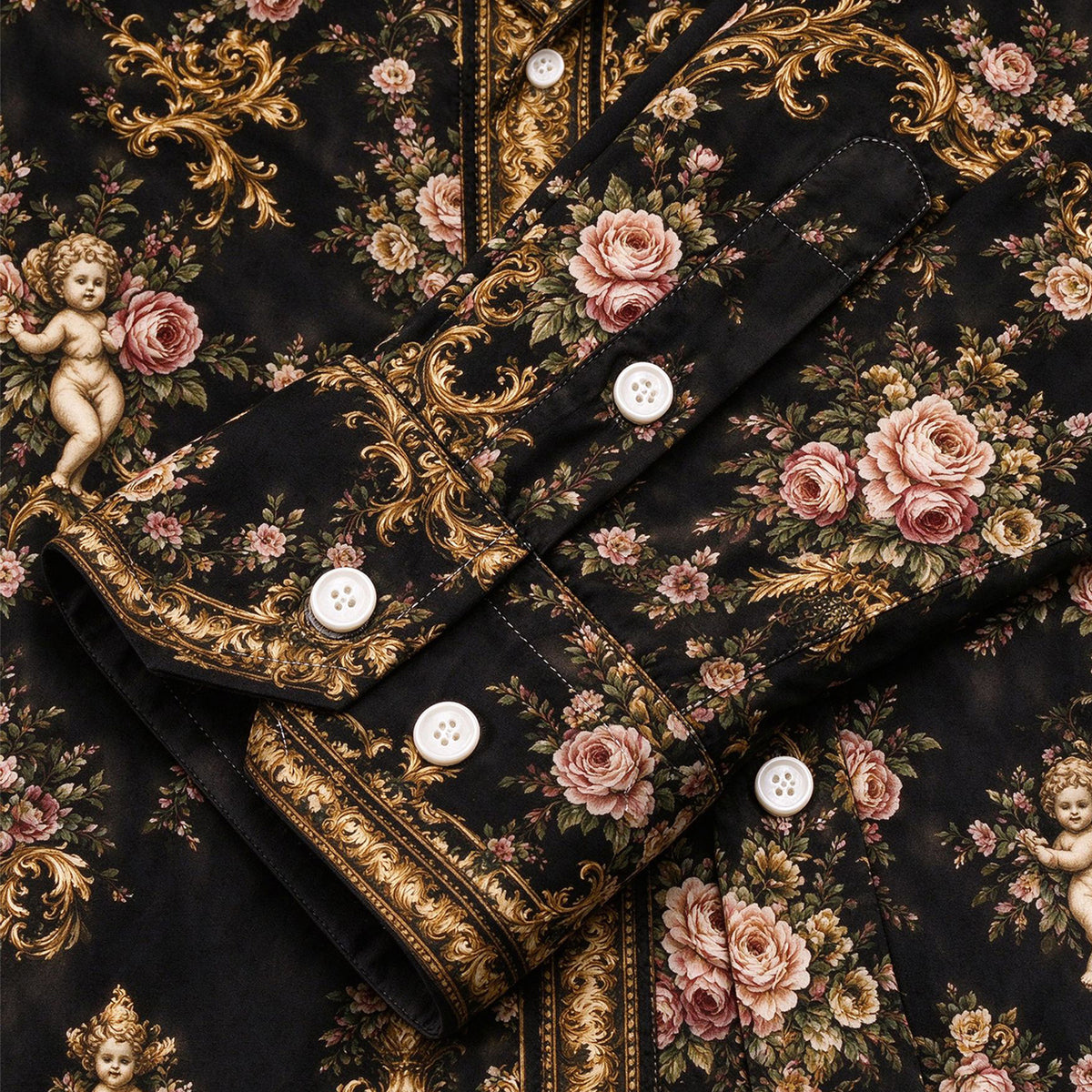 Baroque Gold Pink Rose Cherub Long Sleeve Shirt