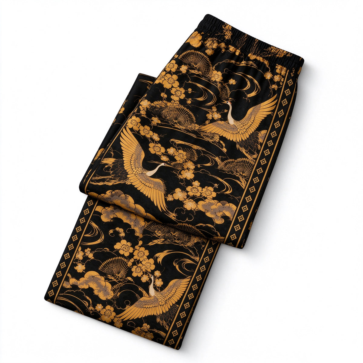 Flying cranes with gold patterns on a black background Print Casual Trousers With Elastic Waistband