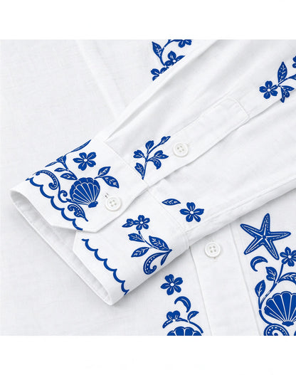 Blue White Coastal Starfish Shell Camp Collar Linen Shirt