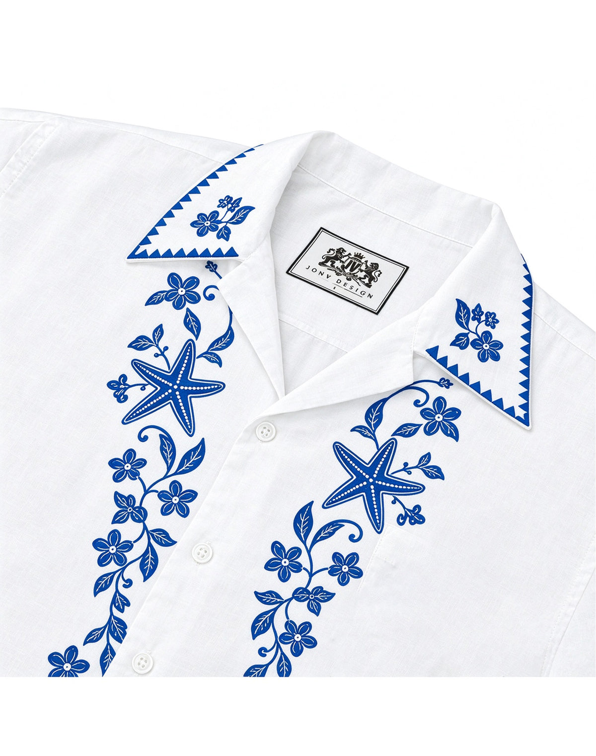 Blue White Coastal Starfish Shell Camp Collar Linen Shirt