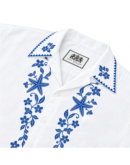 Blue White Coastal Starfish Shell Camp Collar Linen Shirt