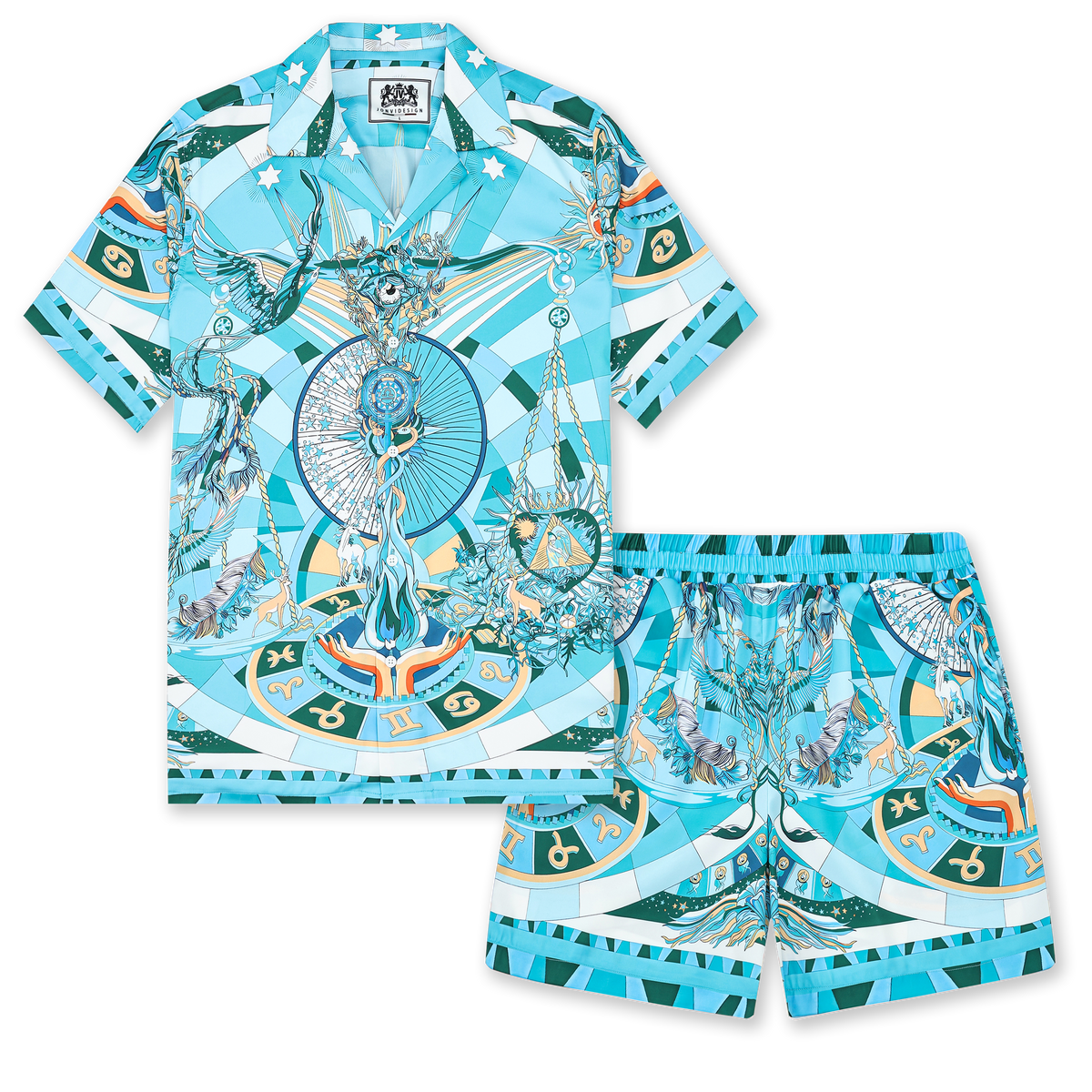 Teal Myth Pattern Camp Collar Casual Shirt Jonvidesign